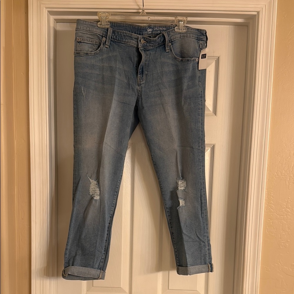 GAP Light Blue Ankle Cropped Girlfriend Jeans with Distressed Details